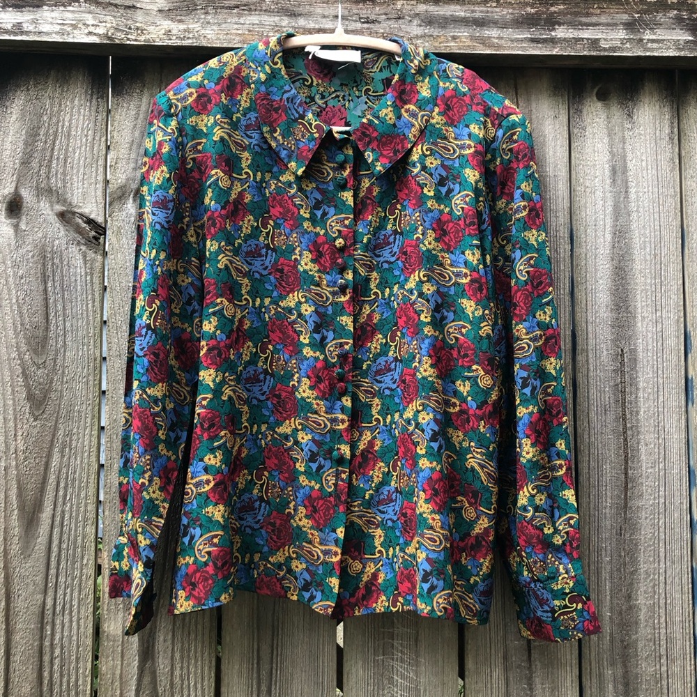 Vintage Albert Nipon Silk Floral Blouse Size 12 Button Front Paisley